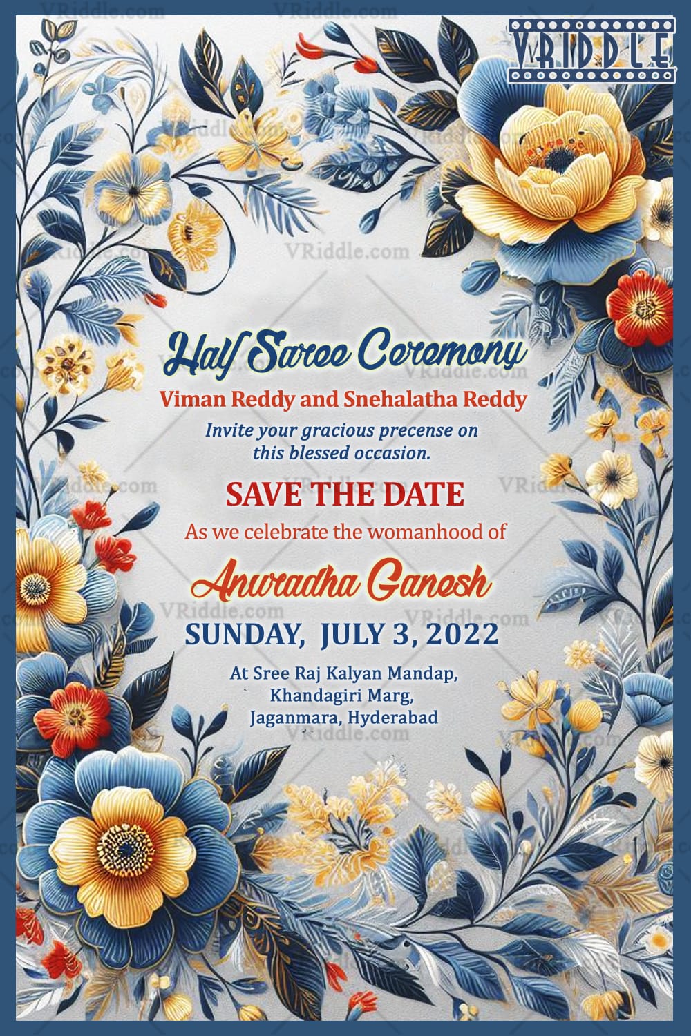 Floral Blossoms Half Saree Ceremony Invitation Card with Pastel Theme