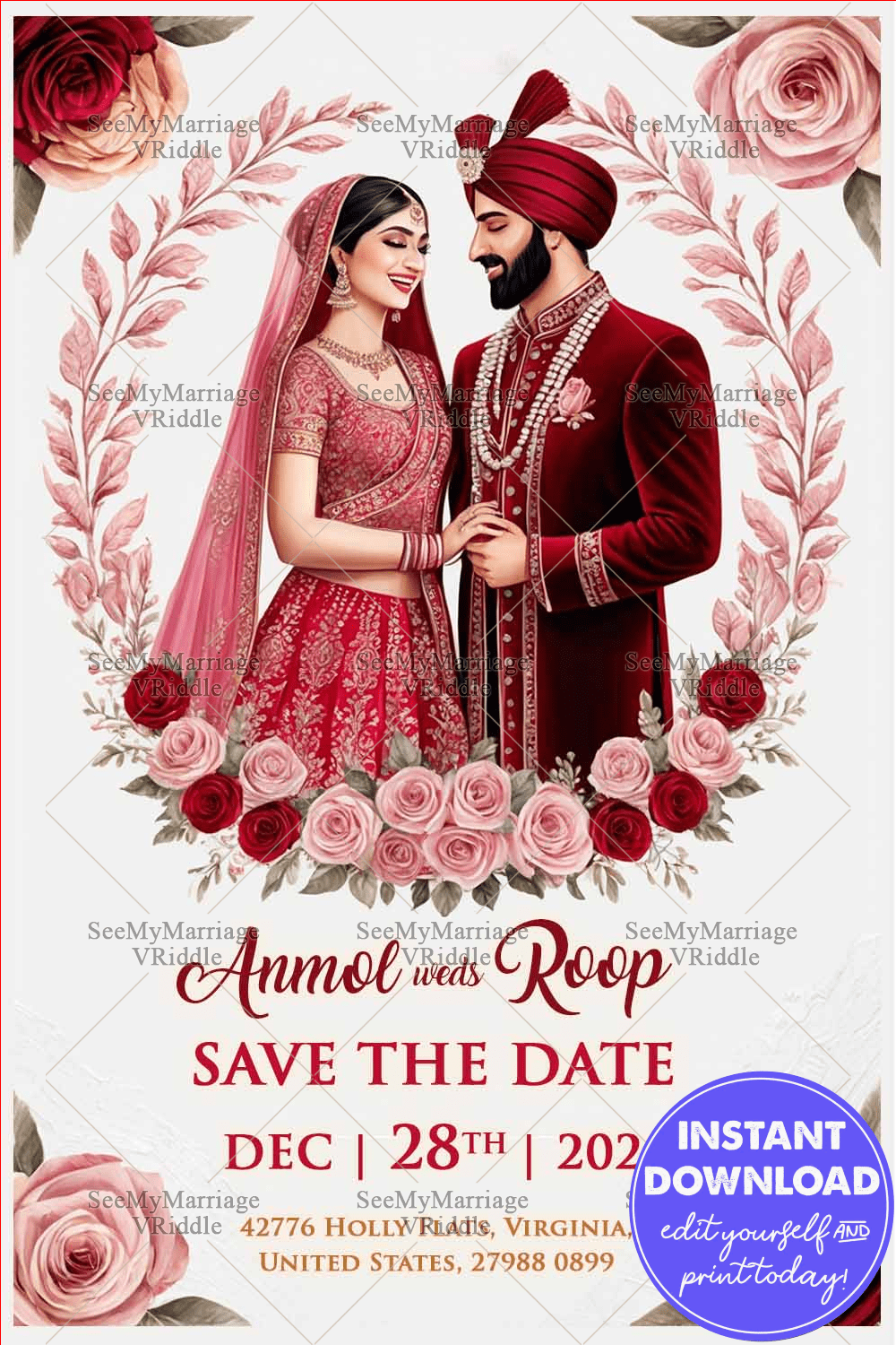 Floral Elegance Wedding Save The Date Card with Traditional Attire