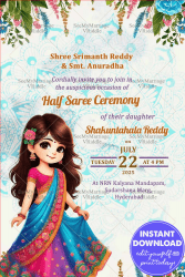 Floral Fantasy Half Saree Ceremony Invitation Card with Cute Cartoon Girl Character