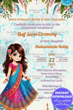 Floral Fantasy Half Saree Ceremony Invitation Card with Cute Cartoon Girl Character