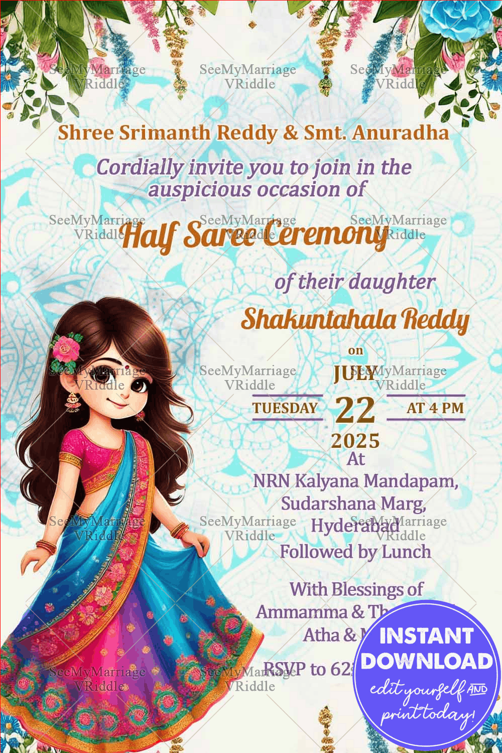 Floral Fantasy Half Saree Ceremony Invitation Card with Cute Cartoon Girl Character