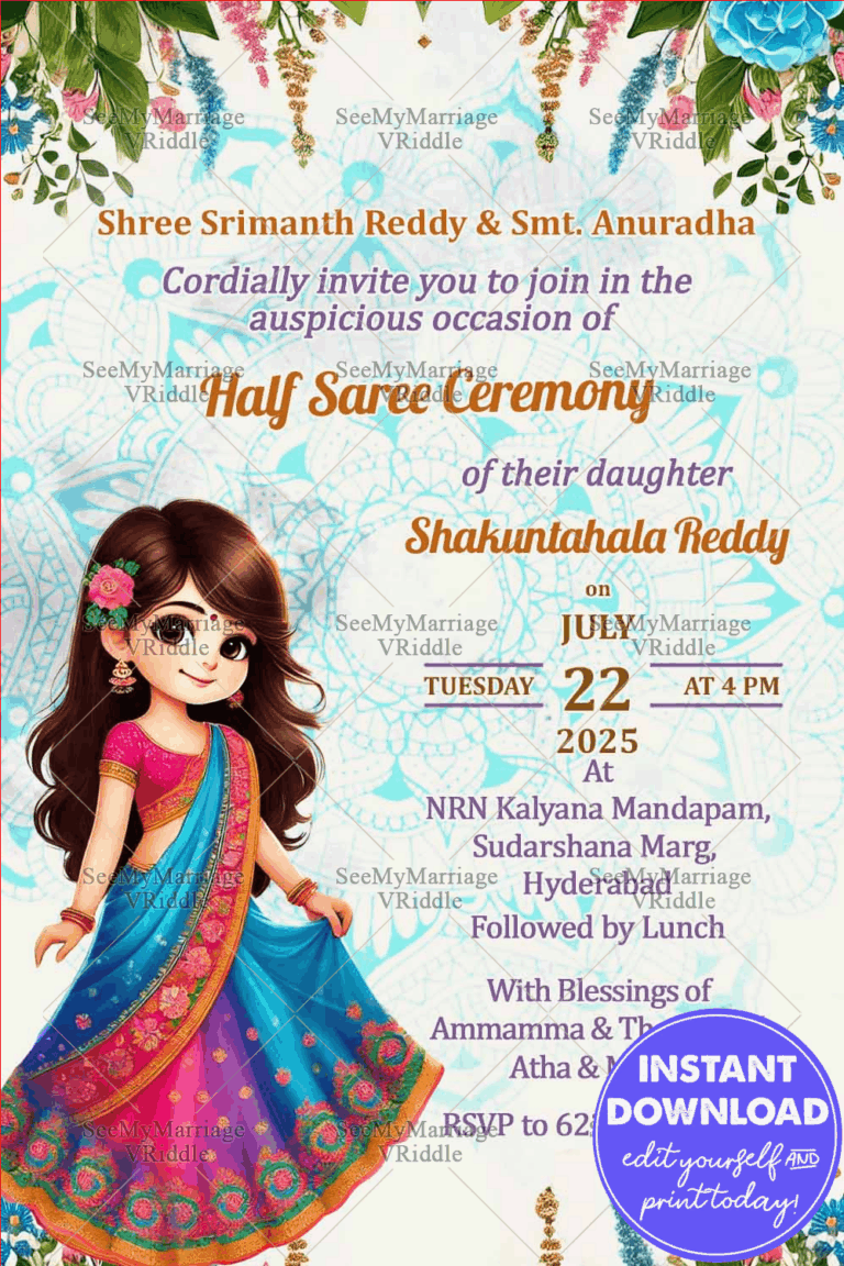 Floral Fantasy Half Saree Ceremony Invitation Card with Cute Cartoon Girl Character