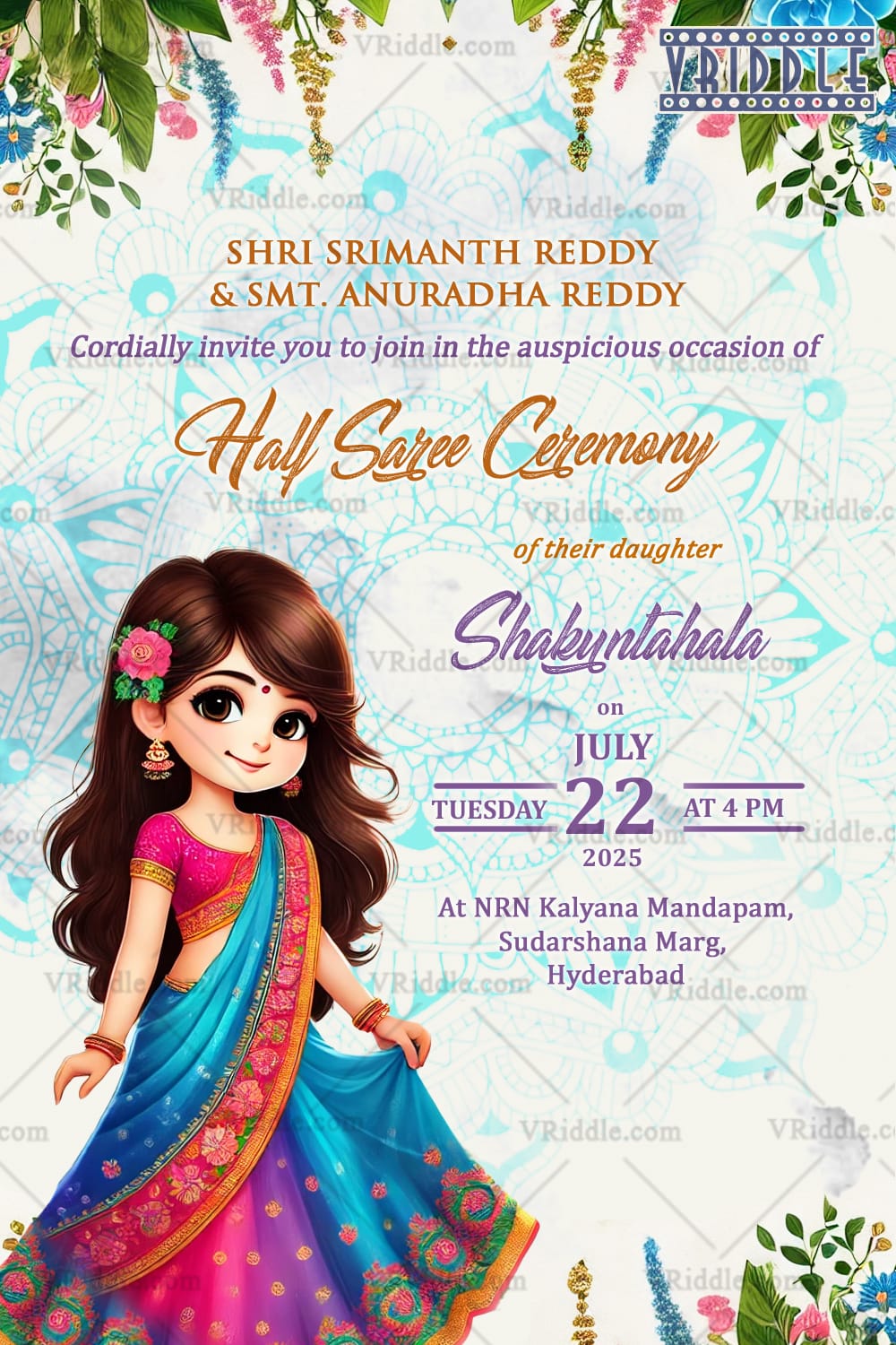 Floral Fantasy Half Saree Ceremony Invitation Card with Cute Cartoon Girl Character