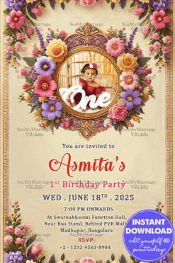 Floral Frame Invitation Elegant 1st Birthday Celebration