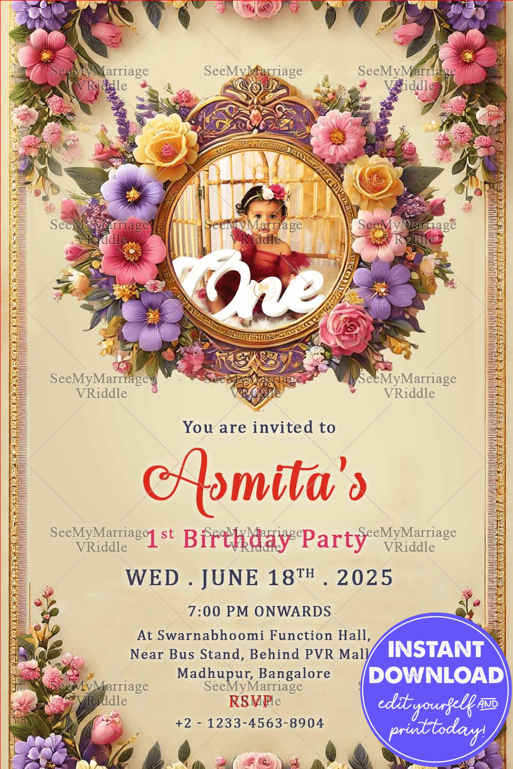 Floral Frame Invitation Elegant 1st Birthday Celebration