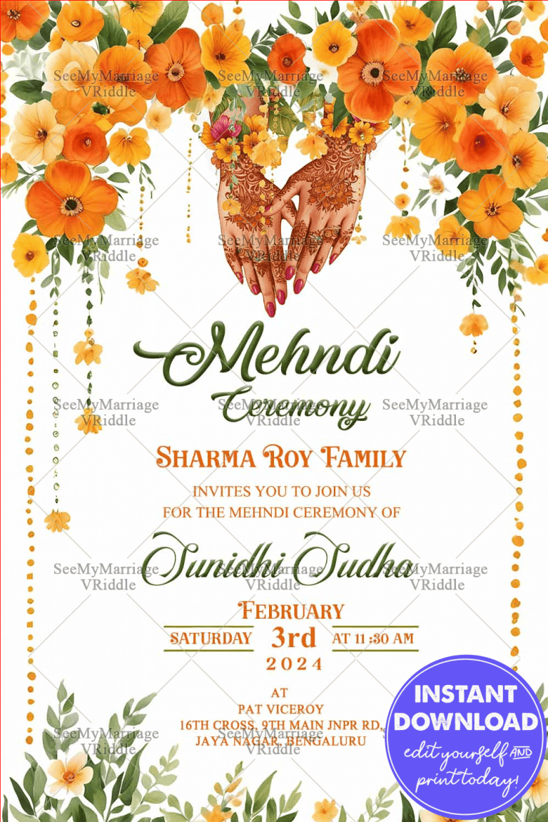 Floral Henna Hand Theme Vibrant Mehndi Ceremony Invitation – SeeMyMarriage