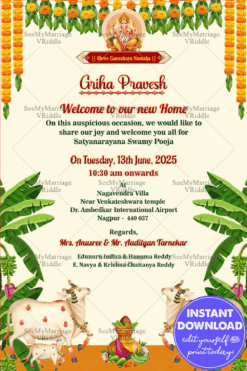 Floral Marigold Housewarming Invitation Card with Pichwai Art Style and White Theme Background