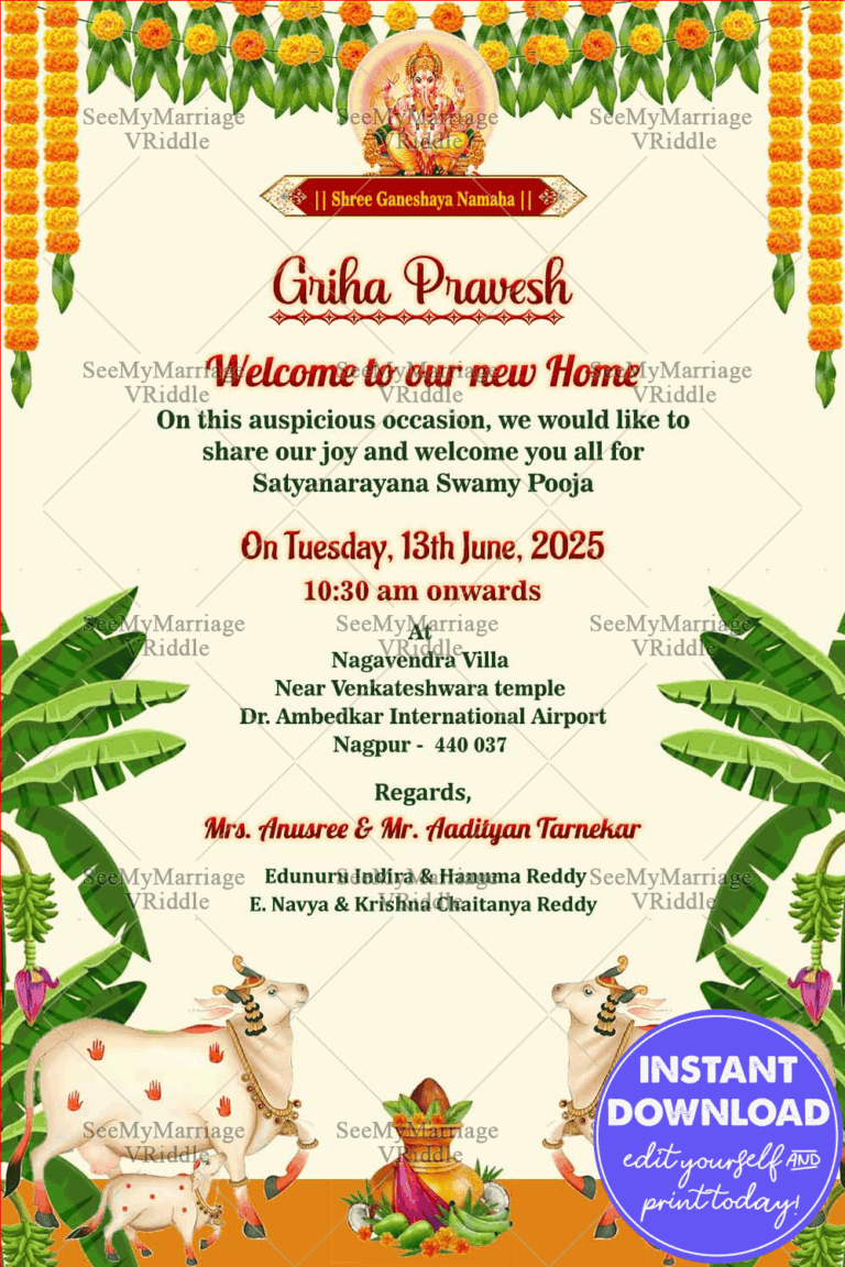 Floral Marigold Housewarming Invitation Card with Pichwai Art Style and White Theme Background