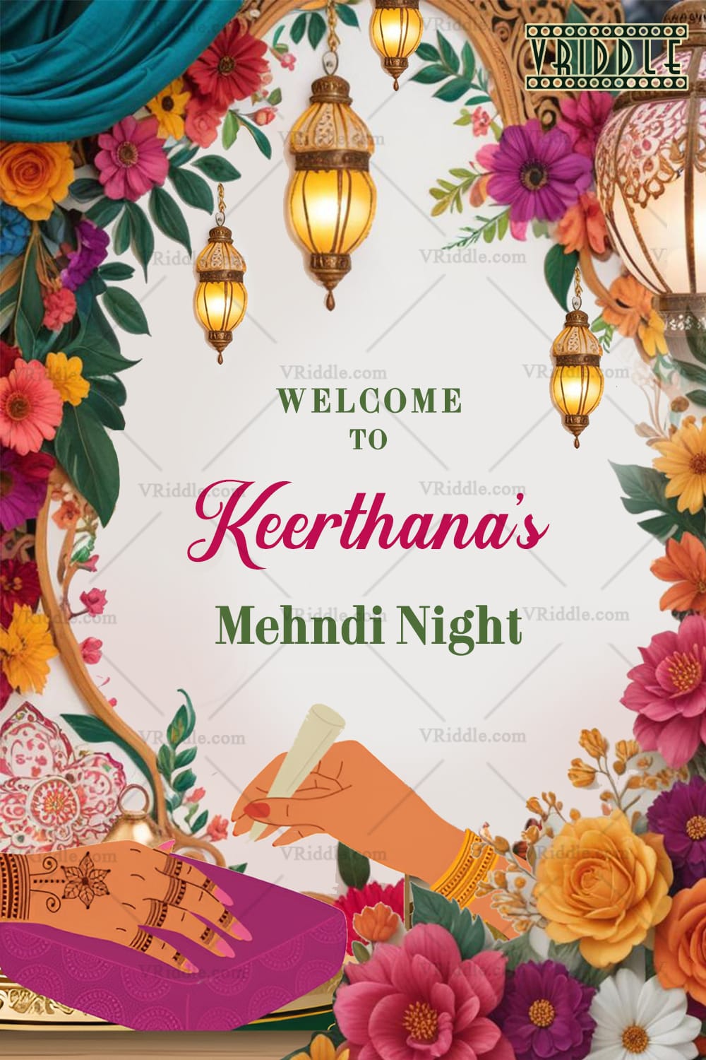 Floral Radiance Mehndi Night Welcome Poster with Lanterns Decor