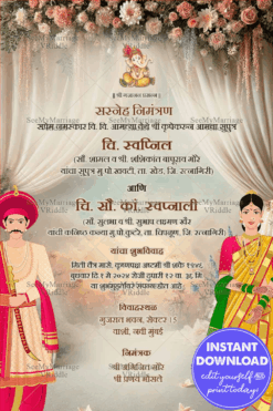 Floral Splendor Marathi Wedding Invitation Card with White Theme Background