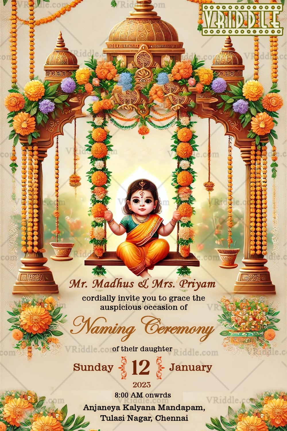 Floral Swing Naming Invitation Traditional Baby Girl Ceremony