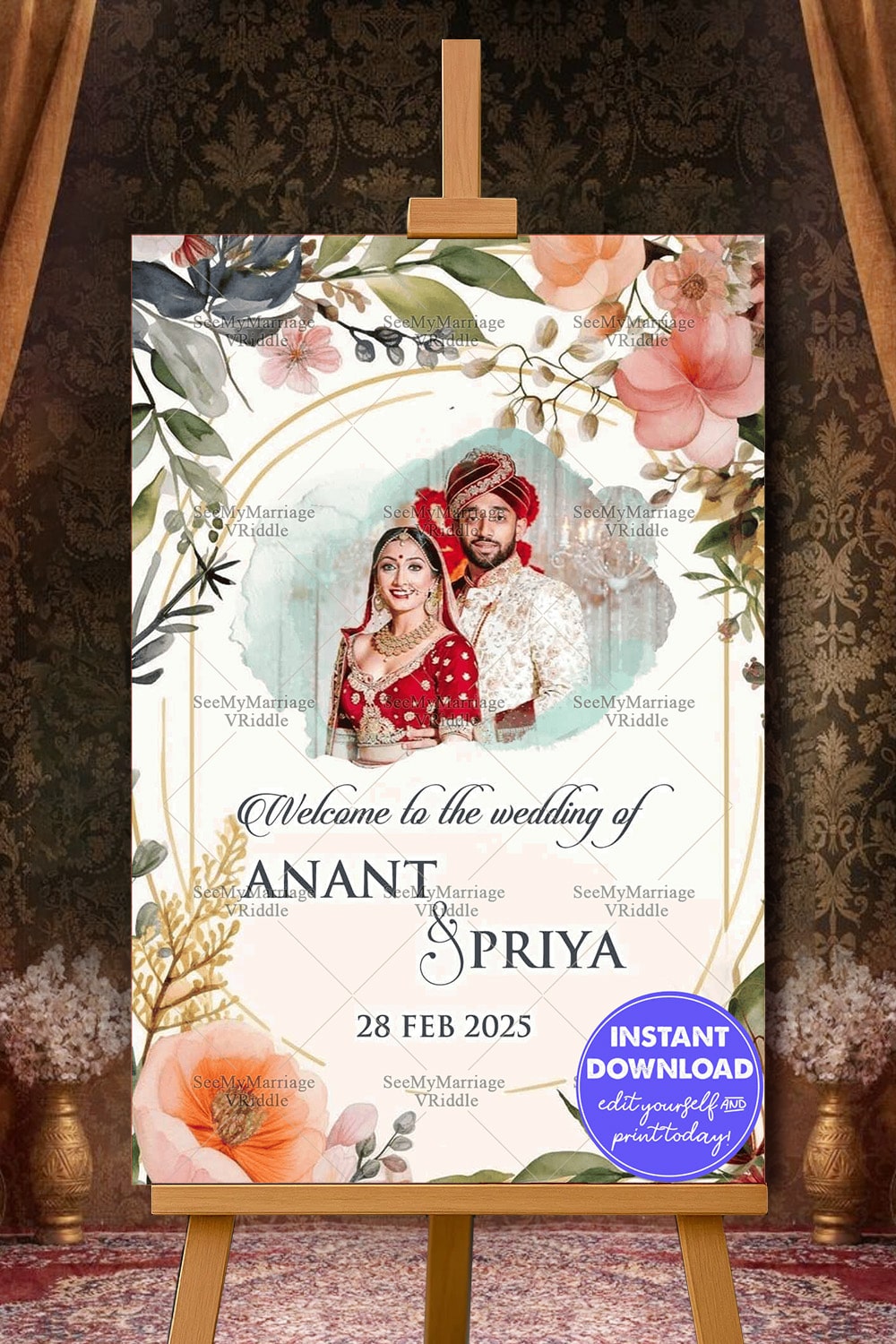Floral Theme Gujarati Wedding Ceremony Welcome Poster with Add Photo Background