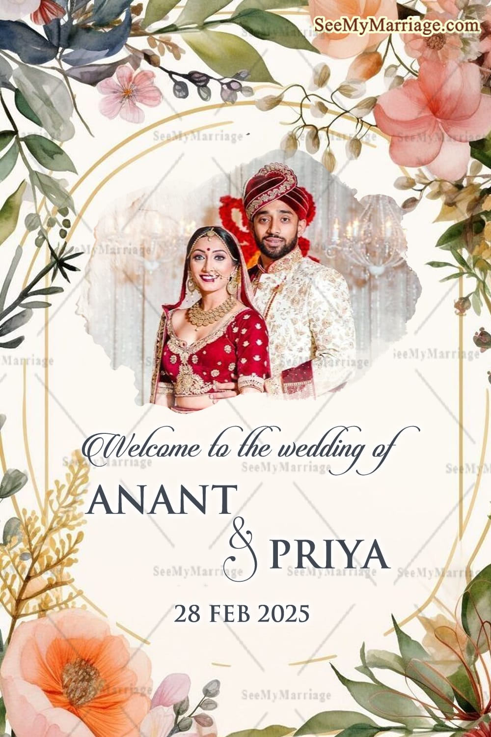 Floral Theme Gujarati Wedding Ceremony Welcome Poster with Add Photo Background