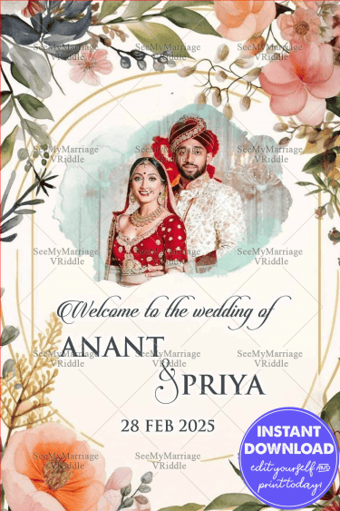 Floral Theme Gujarati Wedding Ceremony Welcome Poster with Add Photo Background