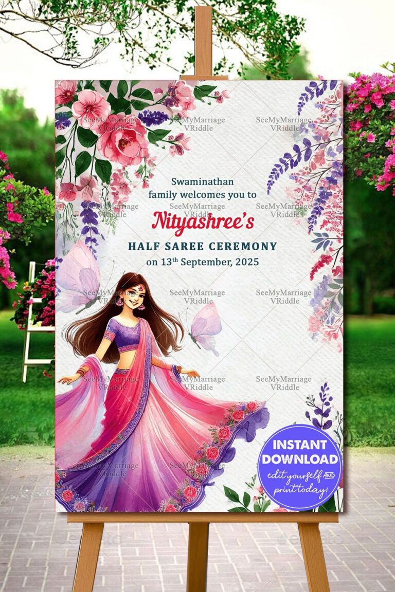 Flowery Twirl Theme Half Saree Ceremony Welcome Poster