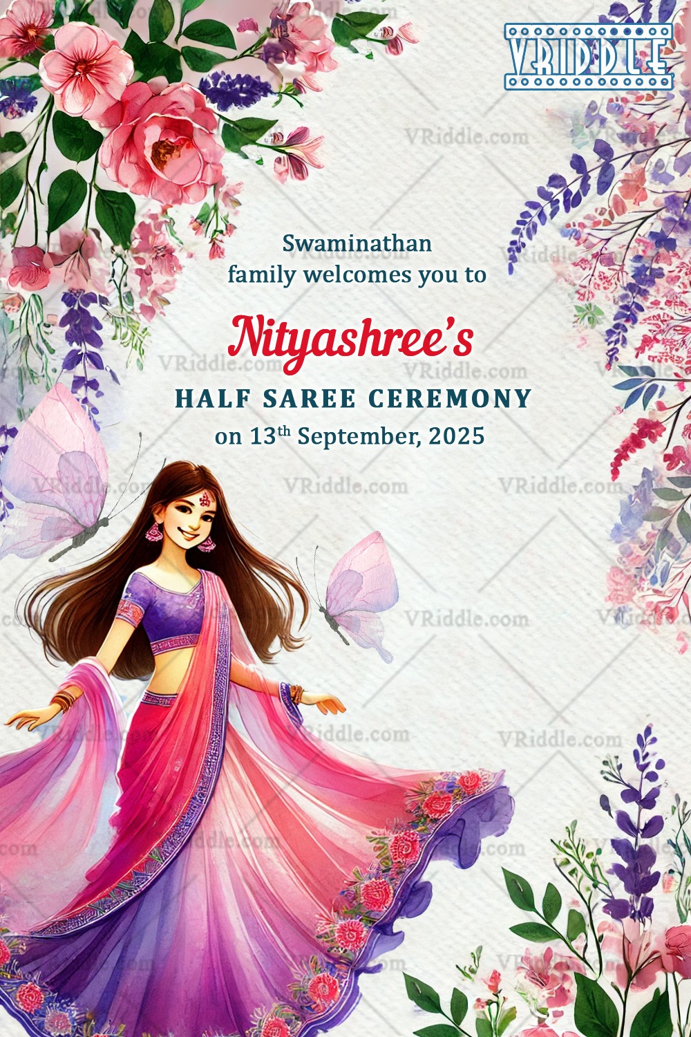 Flowery Twirl Theme Half Saree Ceremony Welcome Poster