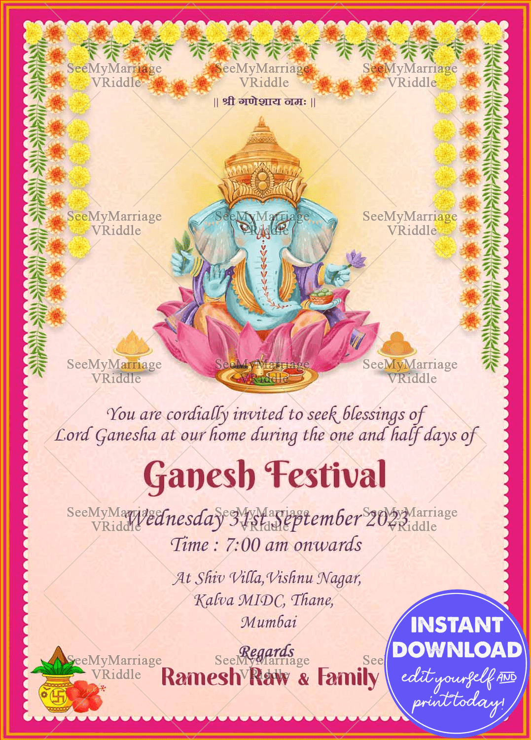 Ganesh Chaturthi Pink Greeting Card