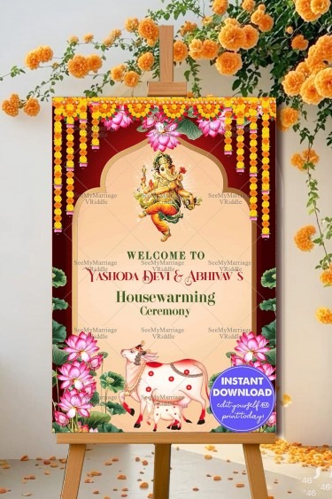 Ganesha Theme Housewarming Welcome Poster with Marigold Decor Ganesha Theme Housewarming Welcome Poster with Marigold Decor