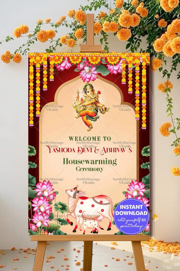 Ganesha Theme Housewarming Welcome Poster with Marigold Decor