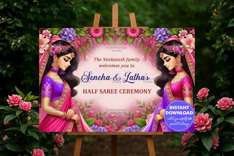 Garden Splendor Half Saree Ceremony Welcome Poster with Pink Saree Sisters Illustration