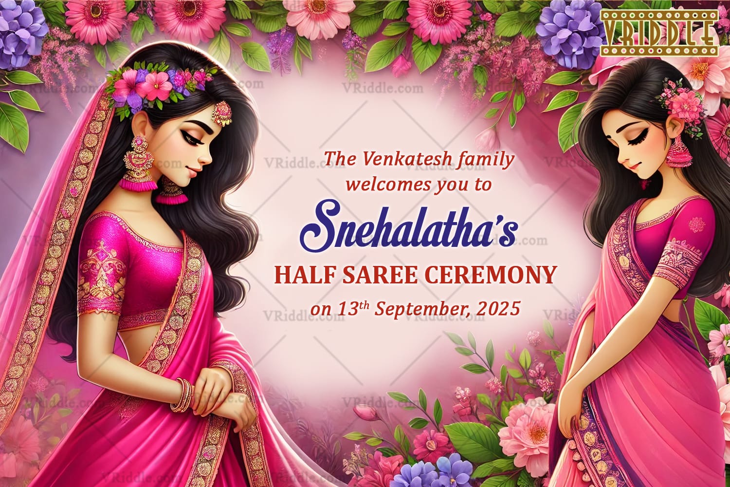 Garden Splendor Half Saree Ceremony Welcome Poster with Pink Saree Sisters Illustration