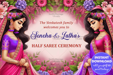 Garden Splendor Half Saree Ceremony Welcome Poster with Pink Saree Sisters Illustration