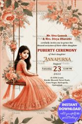 Girl On Swing Puberty Ceremony Invitation Card with Peach Floral Theme