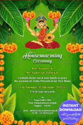 Goddess Durga Devi Theme Housewarming Ceremony Invitation Card with Green Color Background