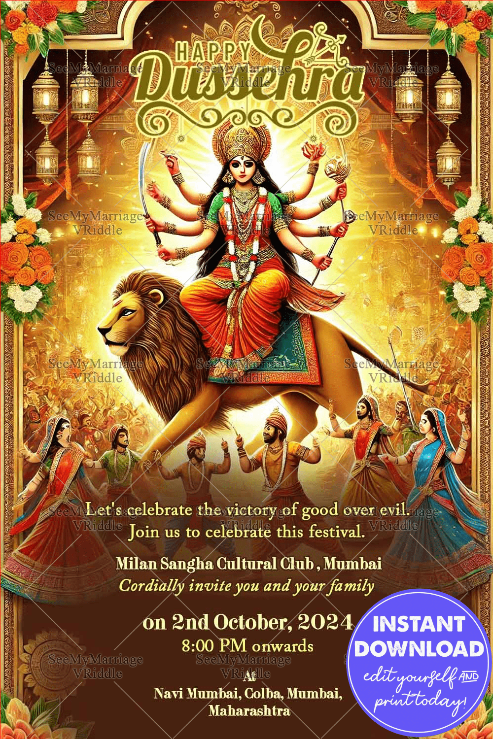 Goddess Triumph Theme Dussehra Festival Invitation Card