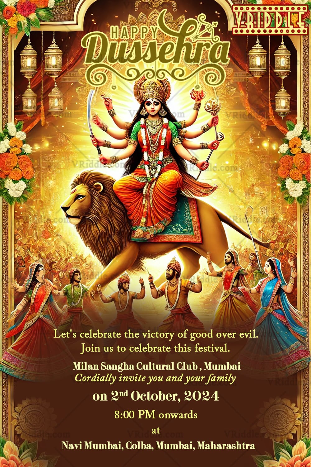 Goddess Triumph Theme Dussehra Invitation Card