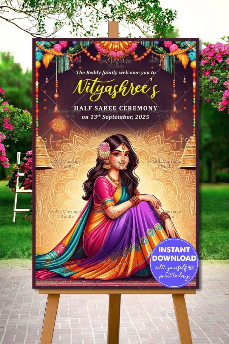 Golden Bells Theme Half Saree Ceremony Welcome Poster
