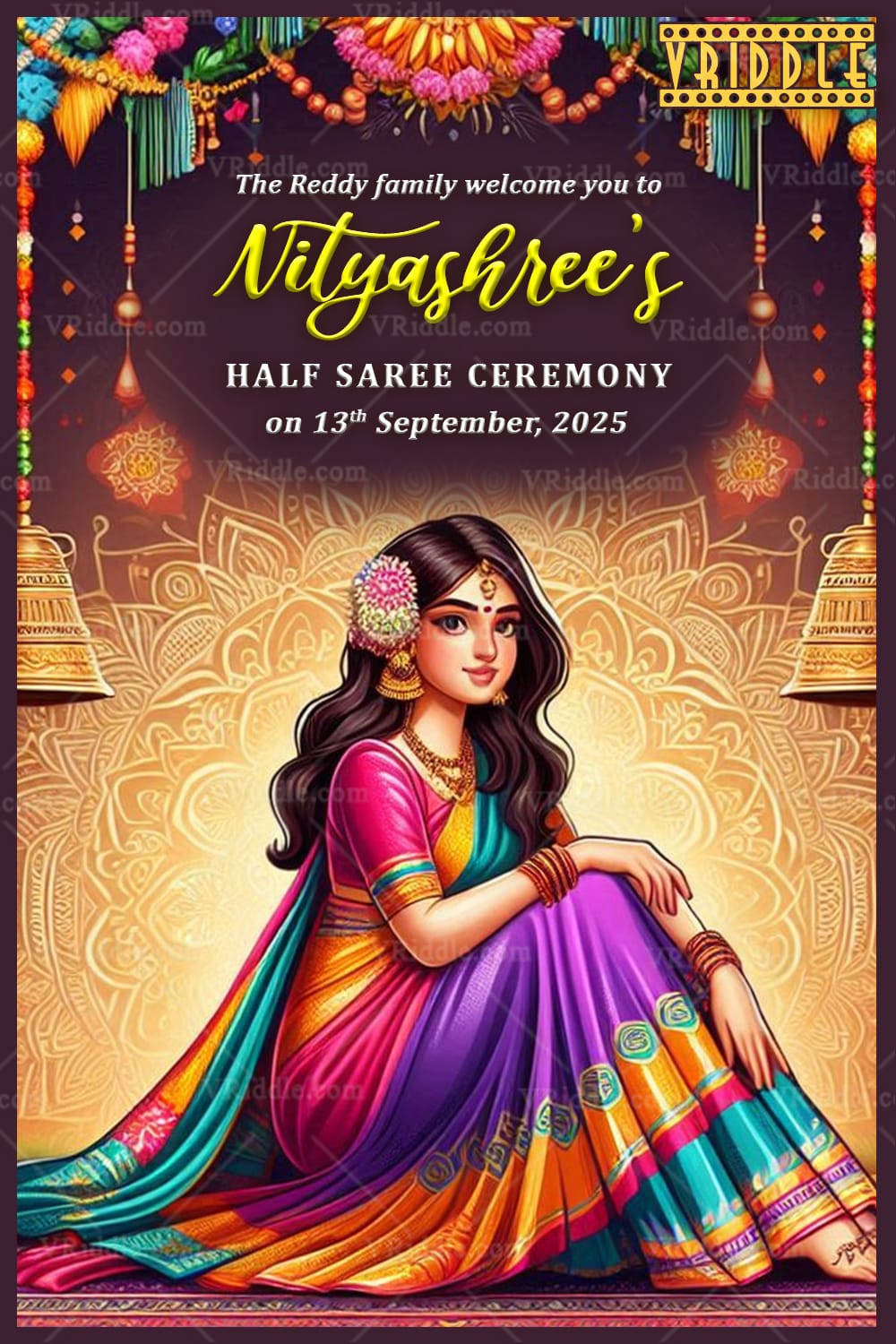 Golden Bells Theme Half Saree Ceremony Welcome Poster