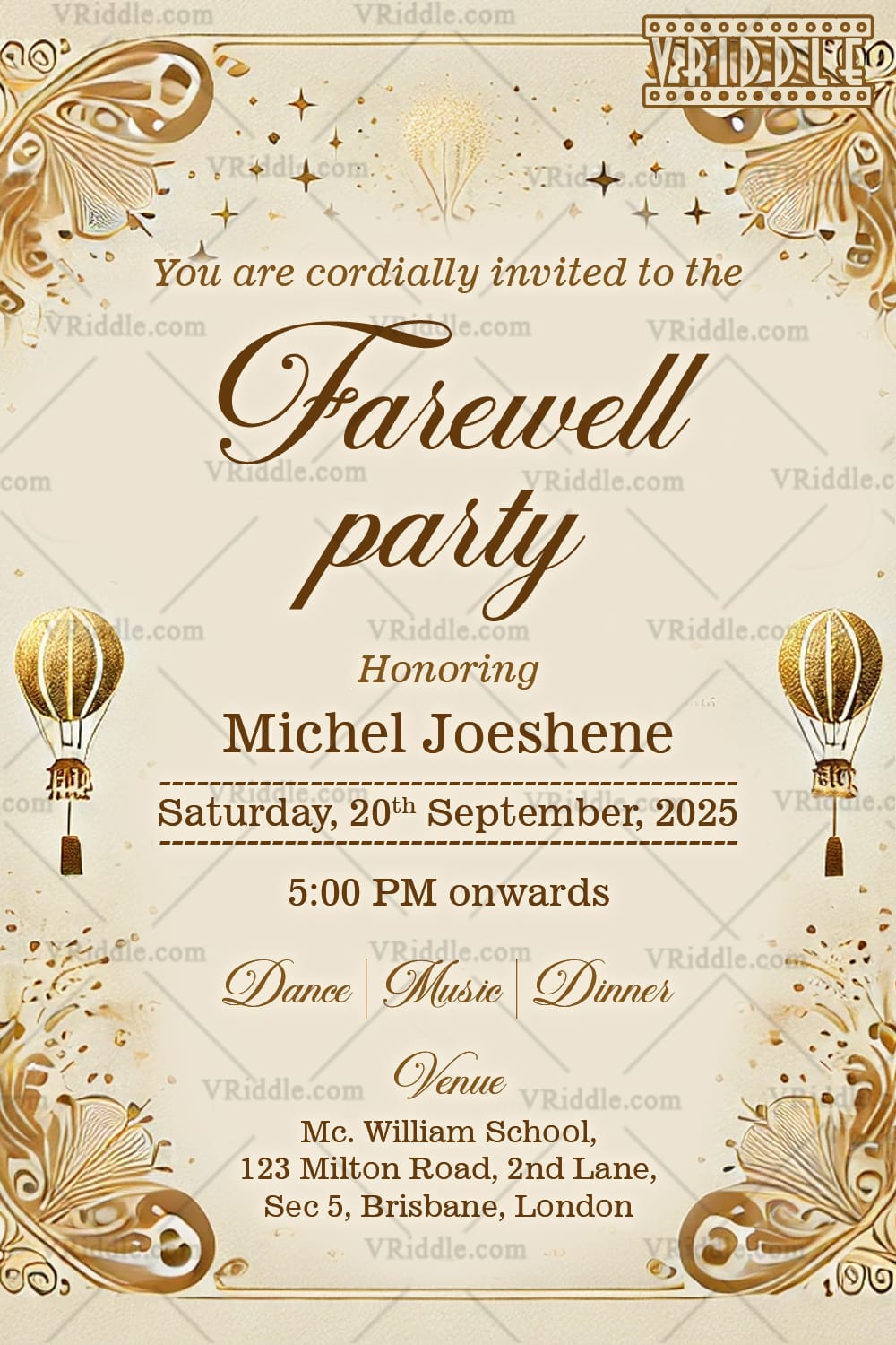 Golden Butterfly Farewell Party Invitation Card with Air Balloons Theme