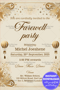 Golden Butterfly Farewell Party Invitation Card with Air Balloons Theme