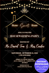 Golden Chandelier Housewarming Party Invitation Card with Simple Black Theme