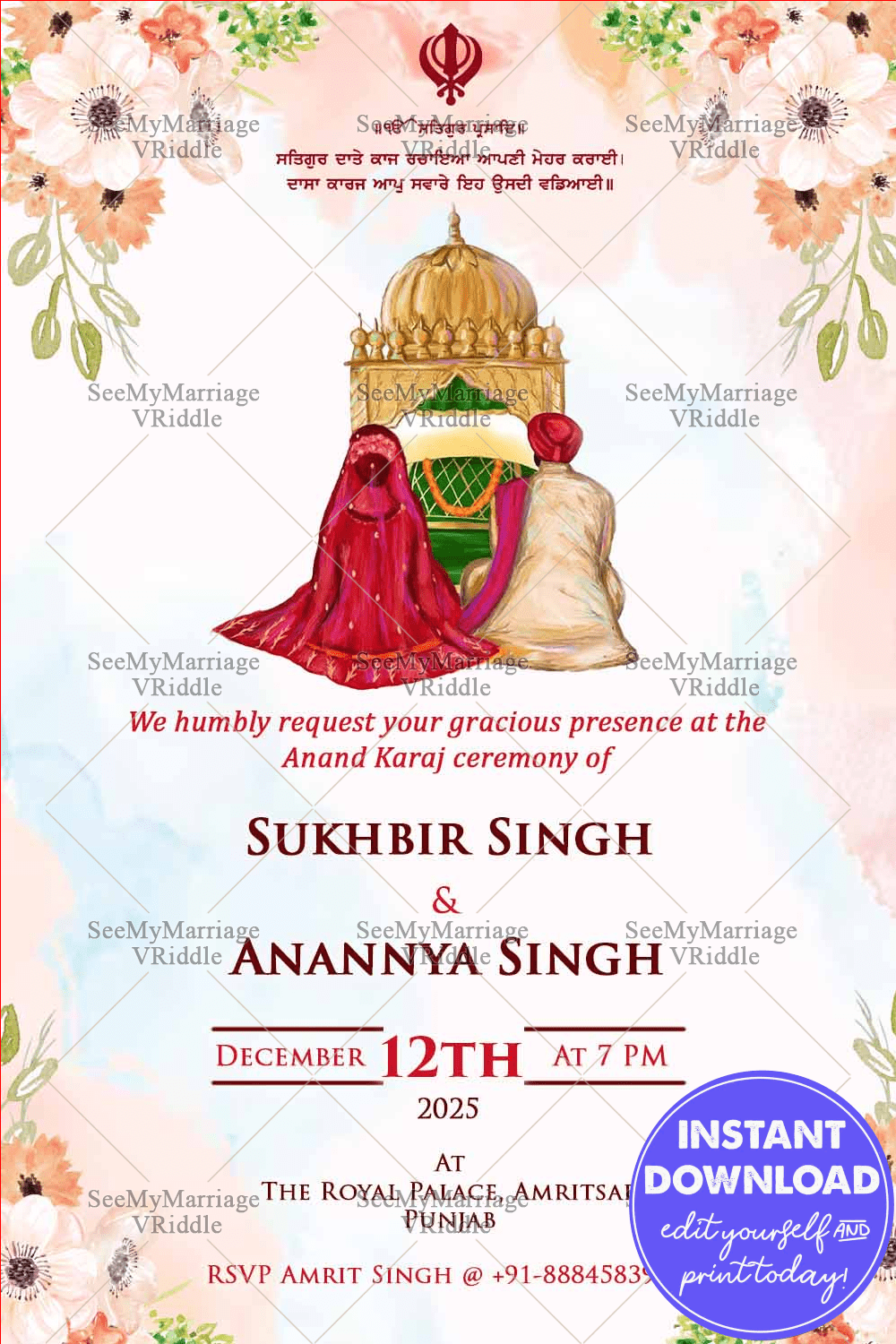 Golden Dome Punjabi Wedding Invitation Card with Pastel Theme Background