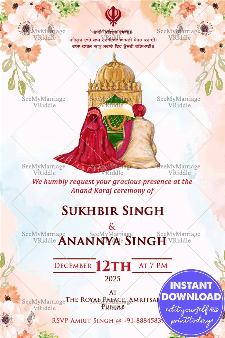 Golden Dome Punjabi Wedding Invitation Card with Pastel Theme Background