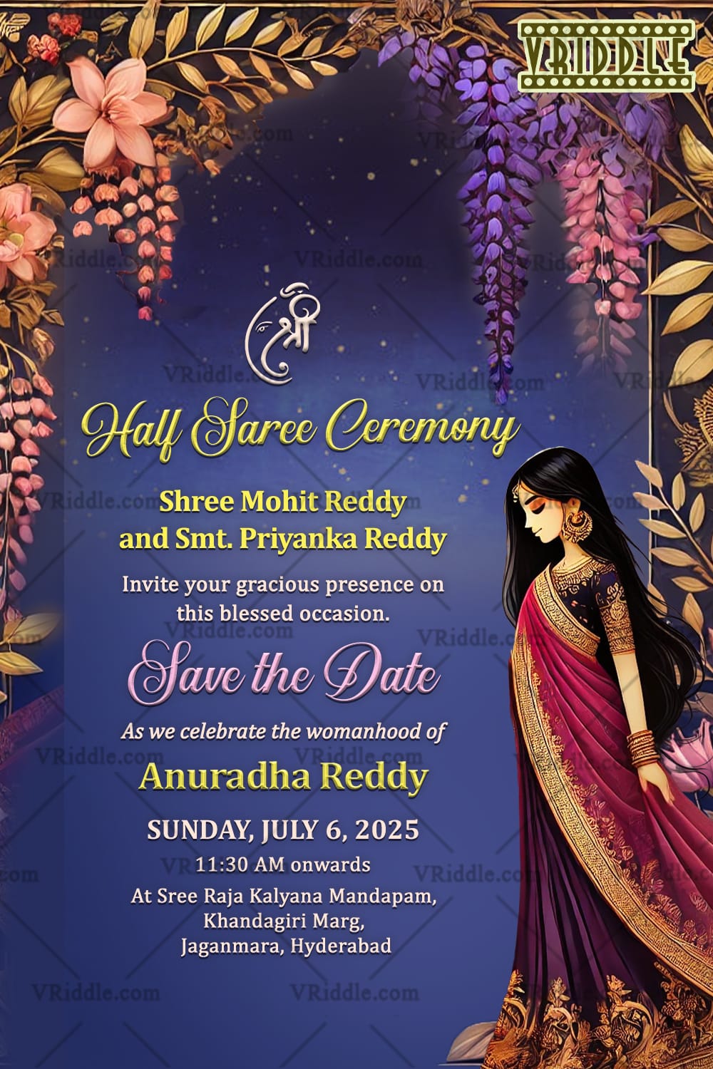 Golden Florals Half Saree Ceremony Invitation Card with Blue Theme Background