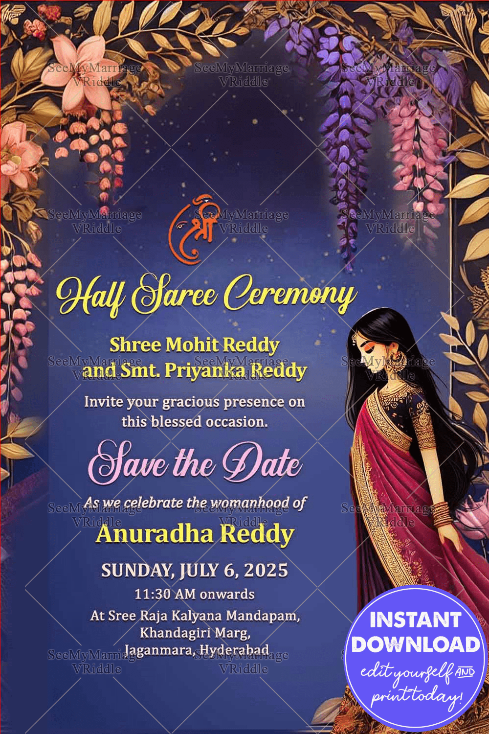 Golden Florals Half Saree Ceremony Invitation Card with Blue Theme Background