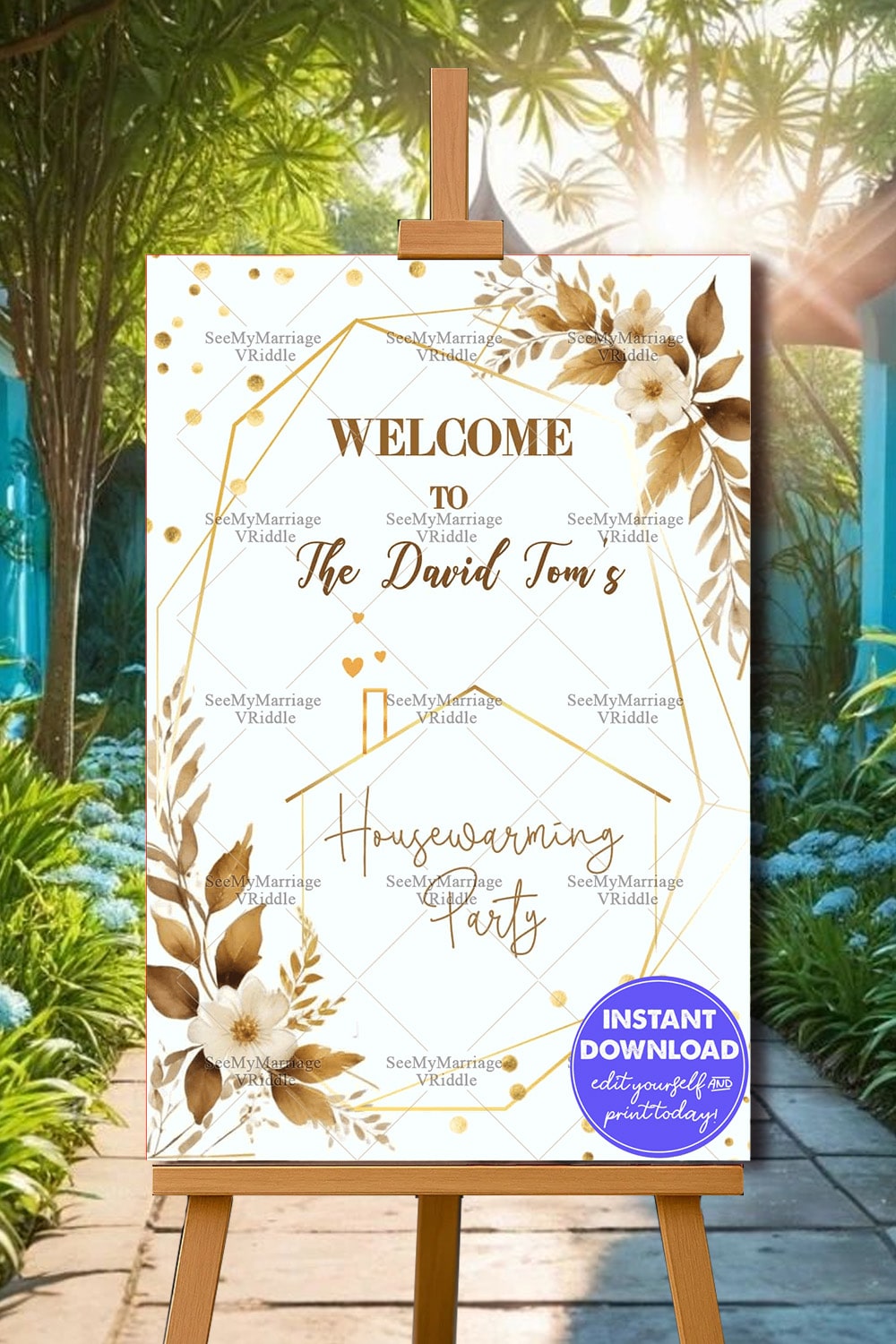 Golden Florals Theme Housewarming Welcome Poster