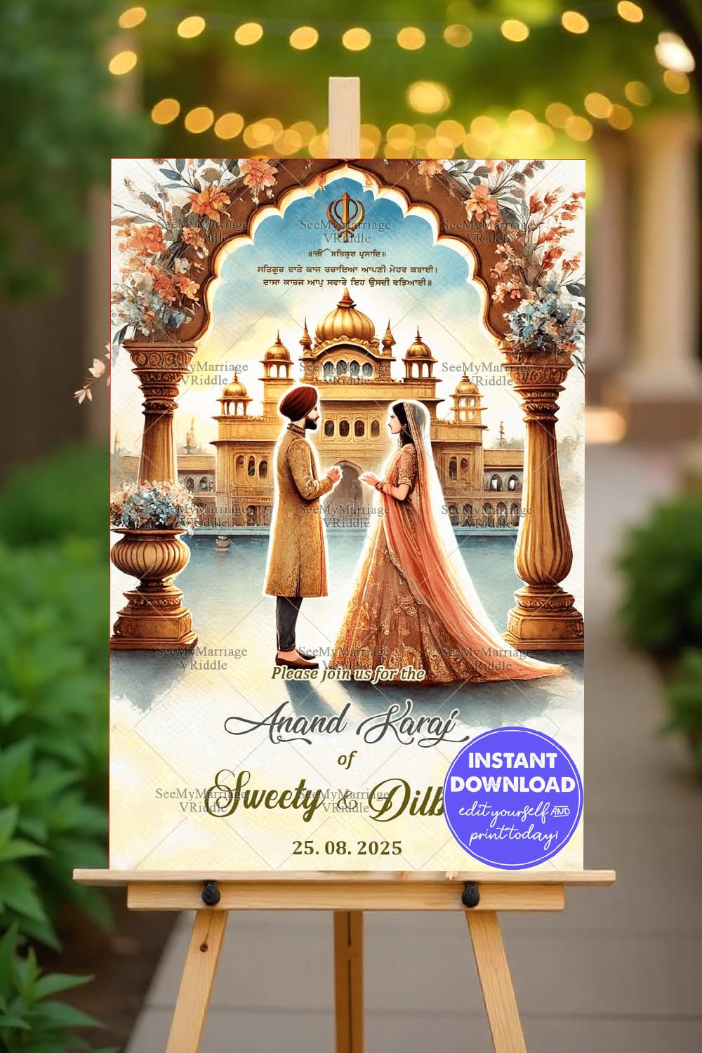 Golden Gurdwara Theme Punjabi Anand Karaj Wedding Ceremony Welcome Poster Mockup