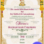 Golden Motif Seemantham Ceremony Invitation Card with White Theme Background