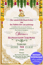 The Seemantham Ceremony invitation. The card features ornate golden patterns and vibrant marigold decorations, symbolizing prosperity and happiness. This invitation is a perfect blend of traditional charm and spiritual blessings, setting the stage for a memorable celebration. #Seemantham #TraditionalInvite #SeemanthamCeremony #IndianBabyShower #CulturalCelebration #FamilyGathering #ElegantInvitation #SpiritualBlessings