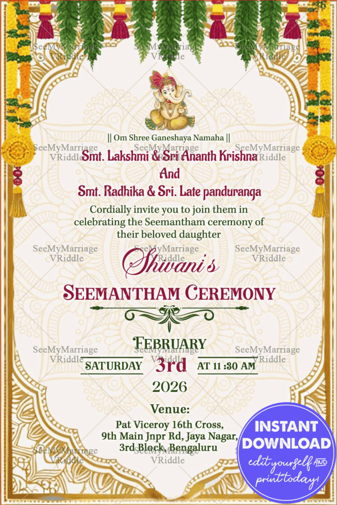Golden Motif Seemantham Ceremony Invitation Card with White Theme Background