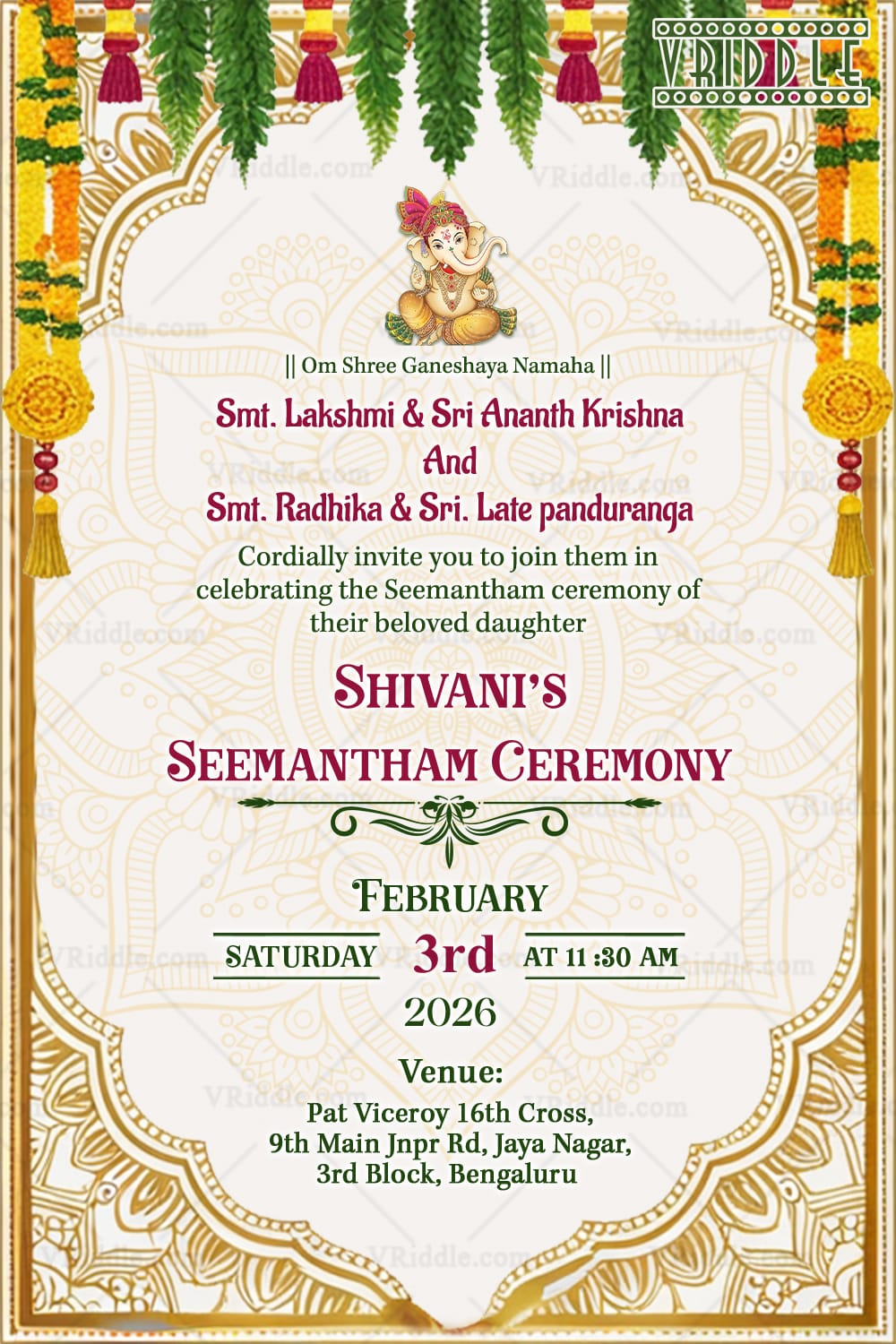 Golden Motif Seemantham Ceremony Invitation Card with White Theme Background