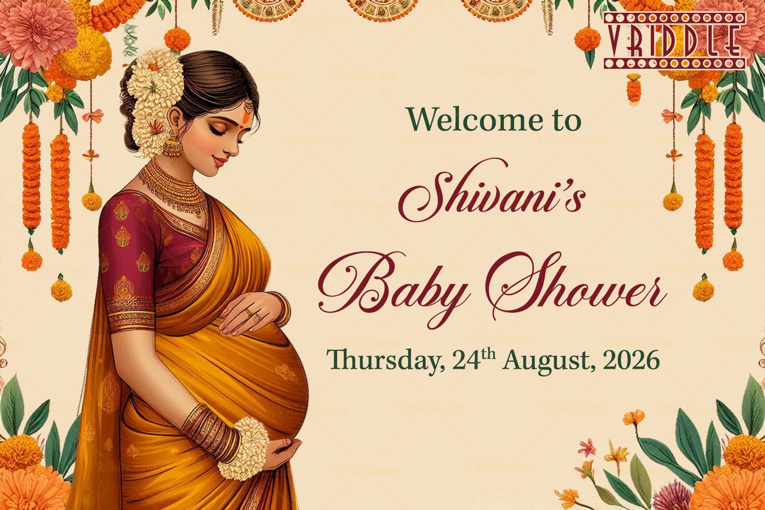 Golden Saree Theme Traditional Baby Shower Welcome Poster