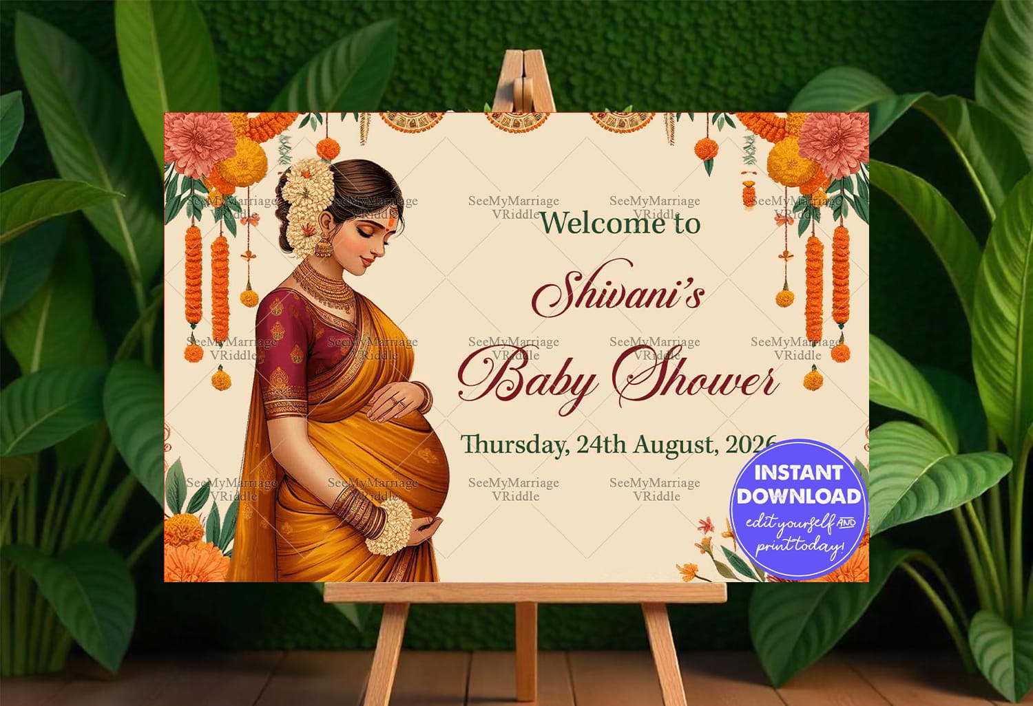 Golden Saree Theme Traditional Baby Shower Welcome Poster Mockup