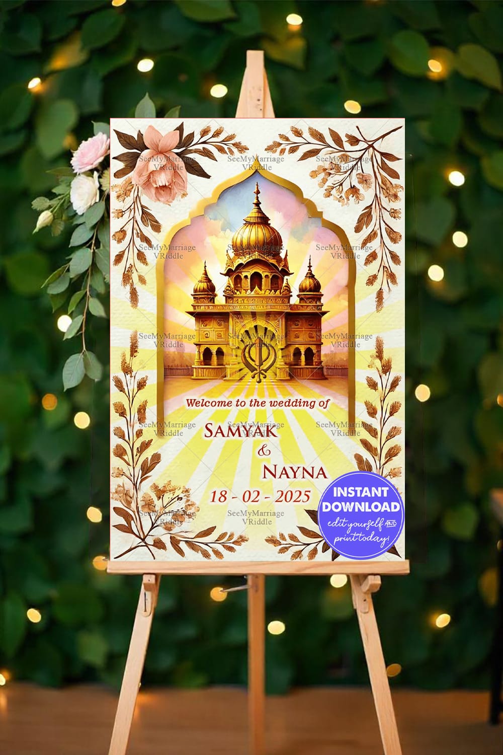 Golden Shrine Theme Punjabi Wedding Ceremony Welcome Poster Mockup