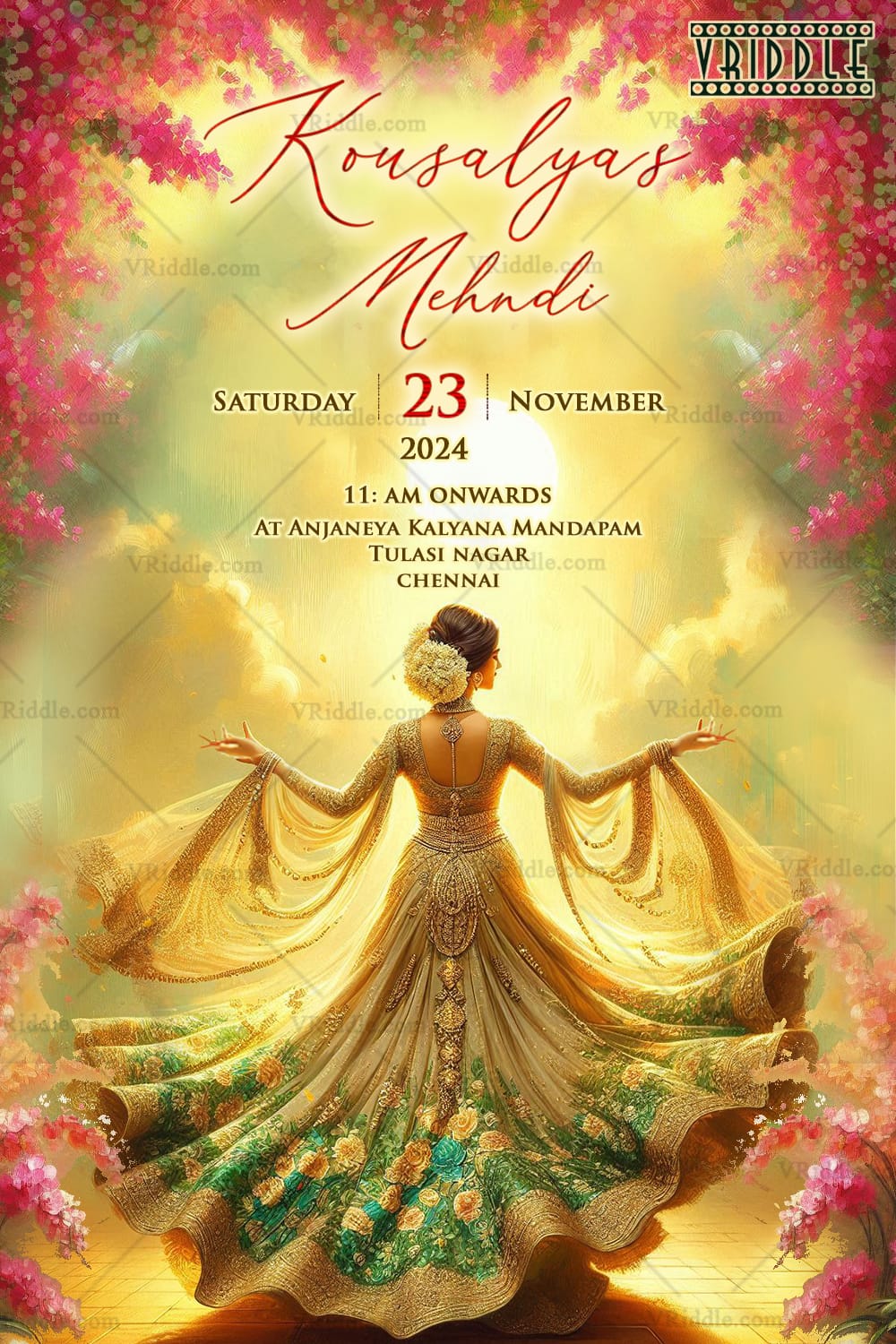 Golden Splendor Mehndi Ceremony Invitation Card with Pink Blossoms Theme