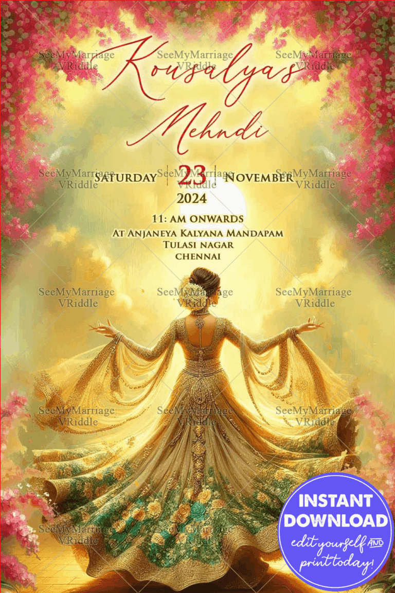 Golden Splendor Mehndi Ceremony Invitation Card with Pink Blossoms Theme